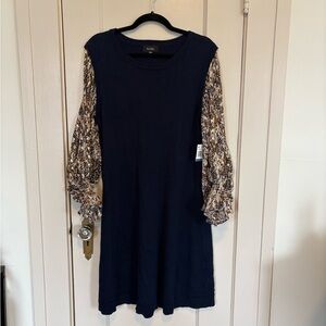 MSK Navy Crew Neck Dress With Patterned Sparkly Sleeves Size XL NWT